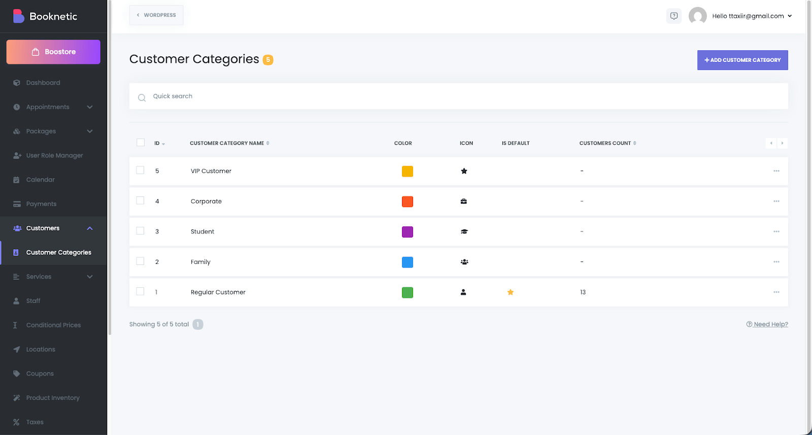 customer catgories menu from Booknetic