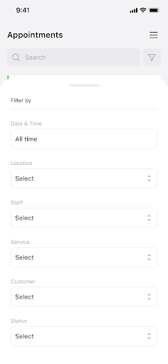 filter view from Booknetic mobile app