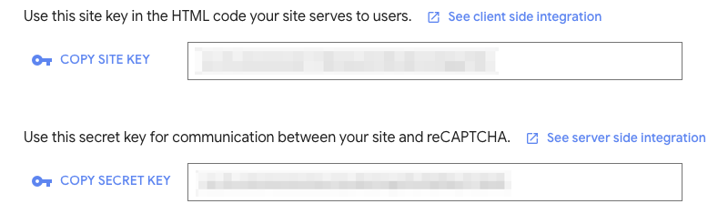 Google ReCaptcha Site- und Secret Key-Konfiguration