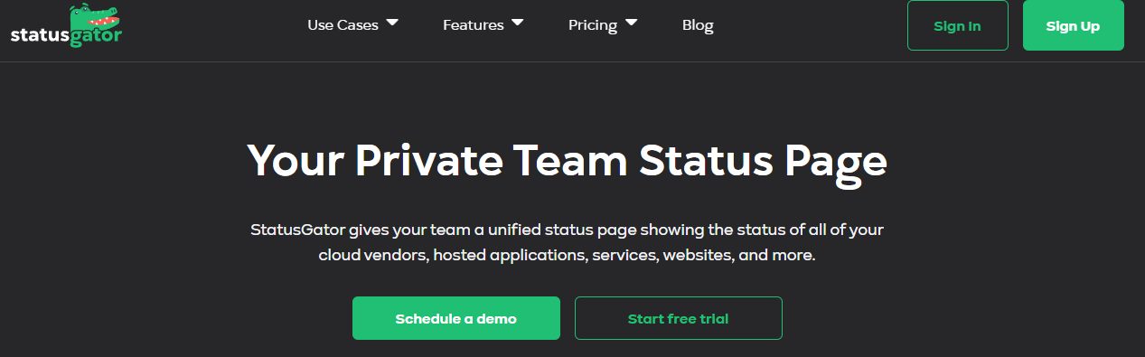 screenshot of the landing page of statusgator