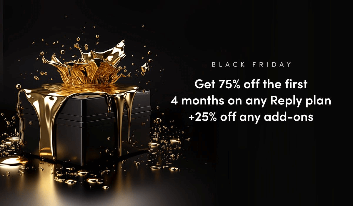 a promotional image depicting up to 75% discount for Reply Black Friday campaign