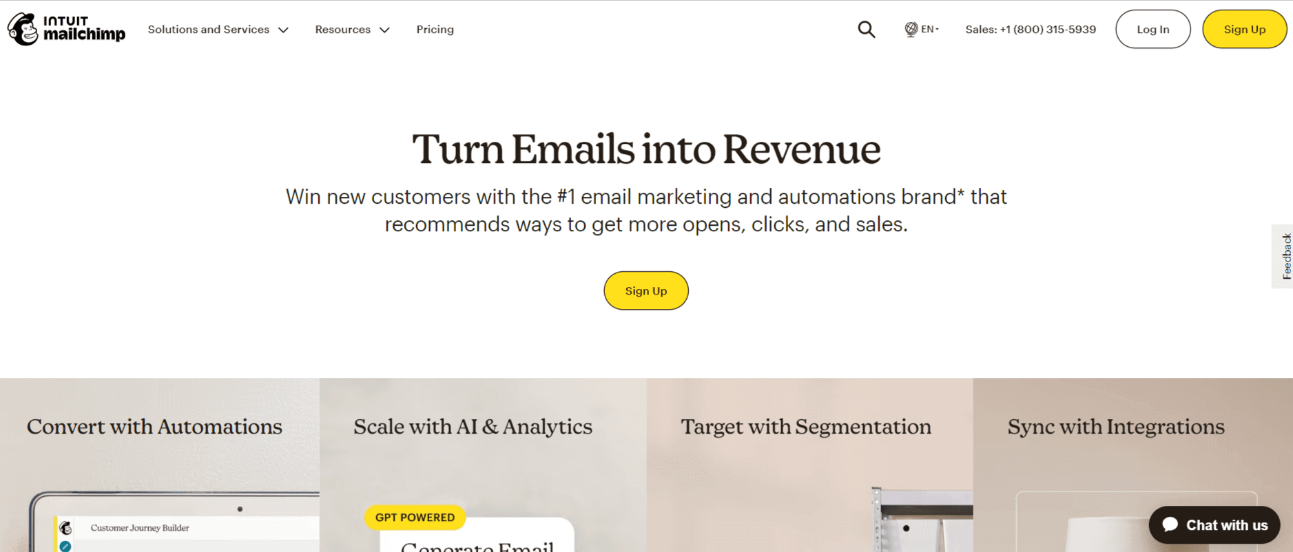 Screenshot der Homepage des Newsletter-Plugins Mailchimp