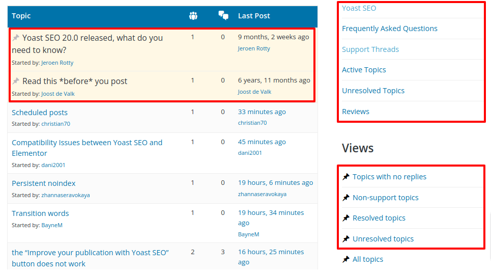 ein Screenshot des Support-Bereichs des Yoast SEO WordPress-Plugins
