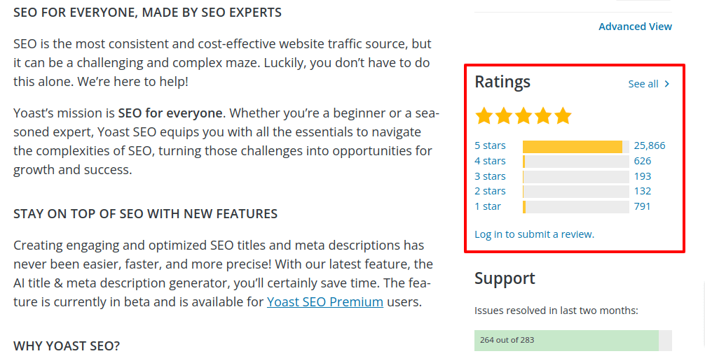 ein Screenshot des Bewertungsbereichs des Yoast SEO WordPress-Plugins
