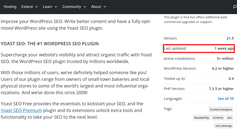 Ein Screenshot, der die letzte Aktualisierungszeit des Yoast SEO WordPress-Plugins zeigt