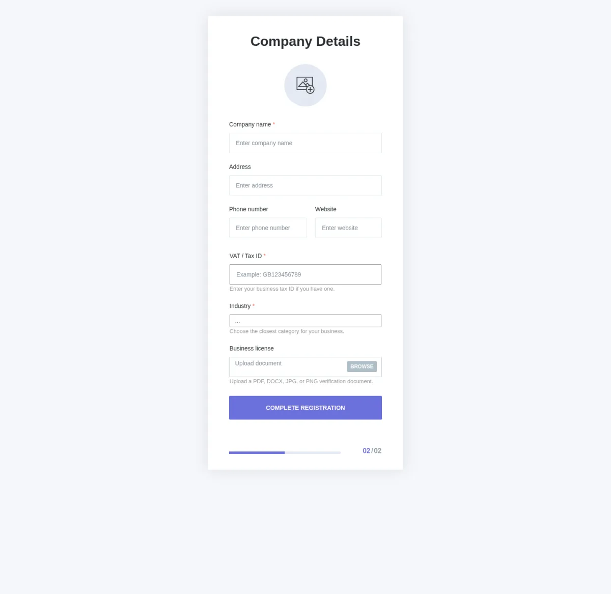 Screenshot: Tenant signup Company Details step showing custom fields in the signup form