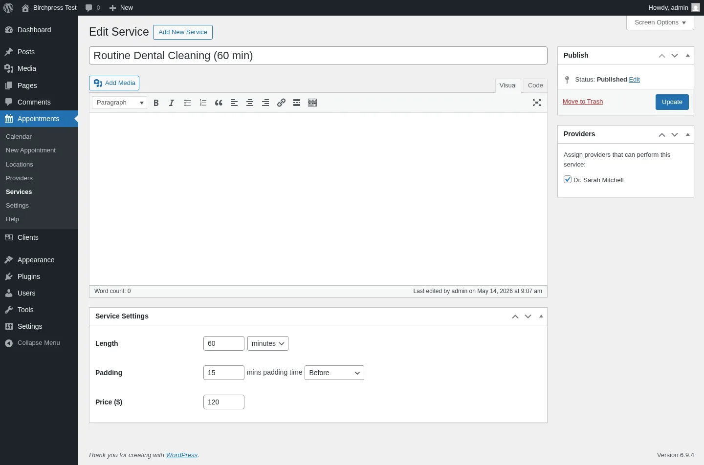 BirchPress admin Service edit form with Length, Padding and Price fields