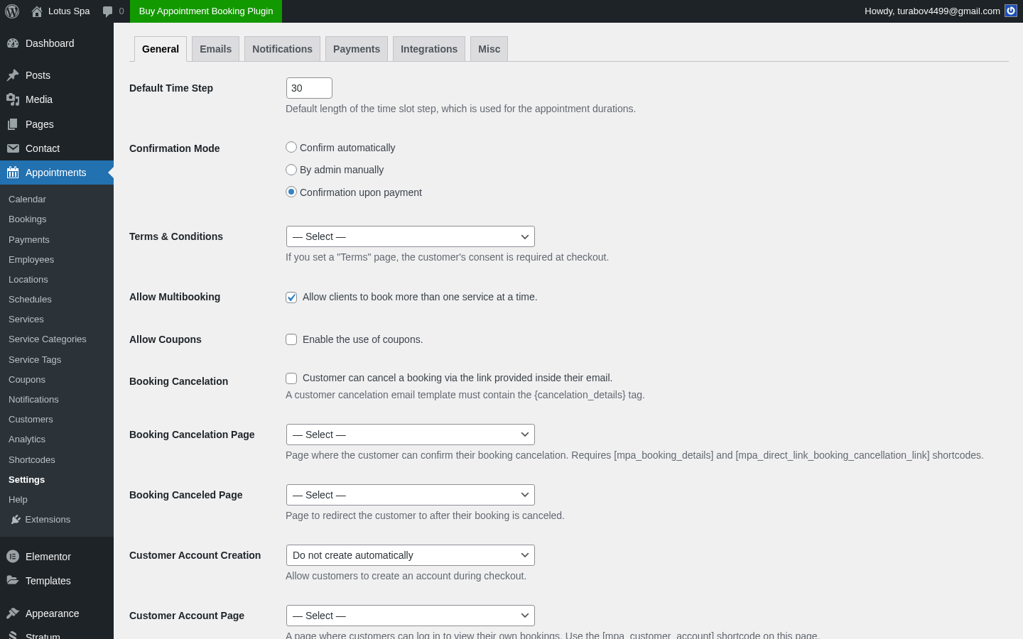 MotoPress-Admin-Settings → General — Buchungsbestätigungs- und Storno-Einstellungen