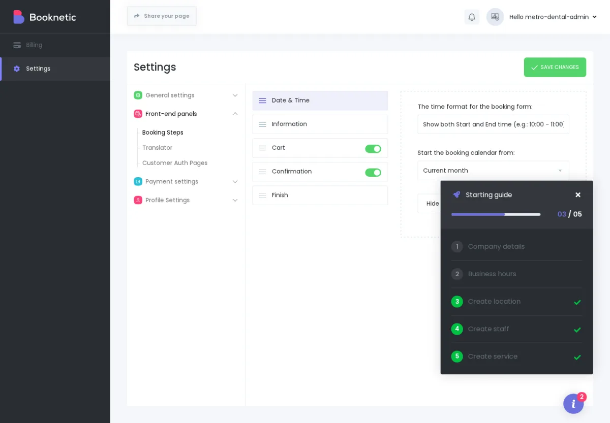 Tenant Settings → Front-end Panels showing Booking Steps settings