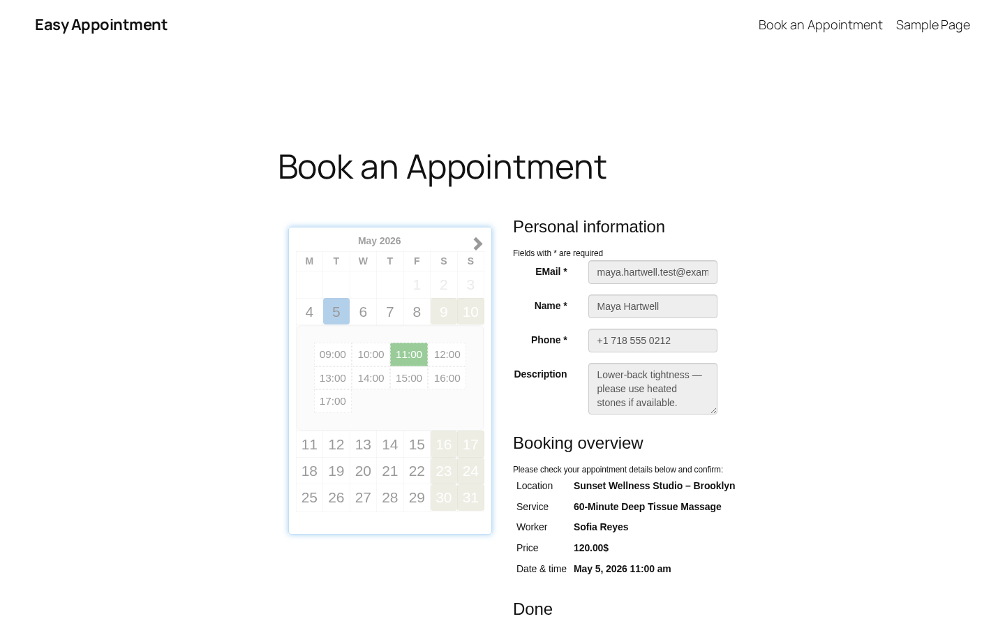Easy Appointments front-end booking flow — May 5 selected, 11:00 slot picked (green), Personal information filled, Booking overview populated, "Done" rendered