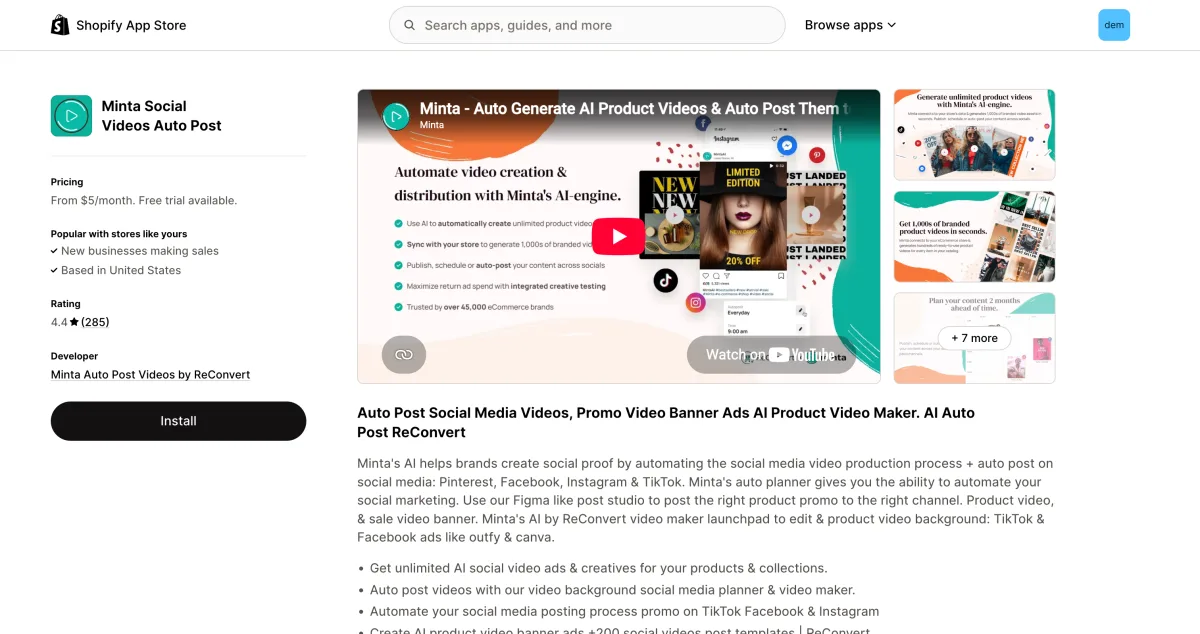Minta Social Videos Auto Post Shopify App Store listing showing 285 reviews at 4.4 stars