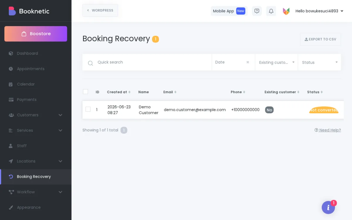 Booking Recovery Panel in Booknetic mit Einträgen zu Wiederherstellungssitzungen