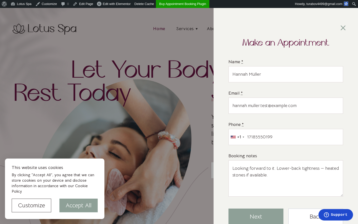 MotoPress front-end Checkout step — Name, Email, Phone with country selector, Notes