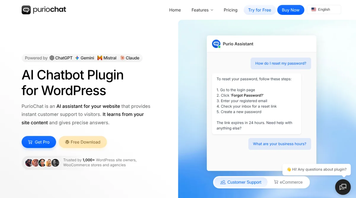 PurioChat KI-Chatbot-Oberfläche für WordPress