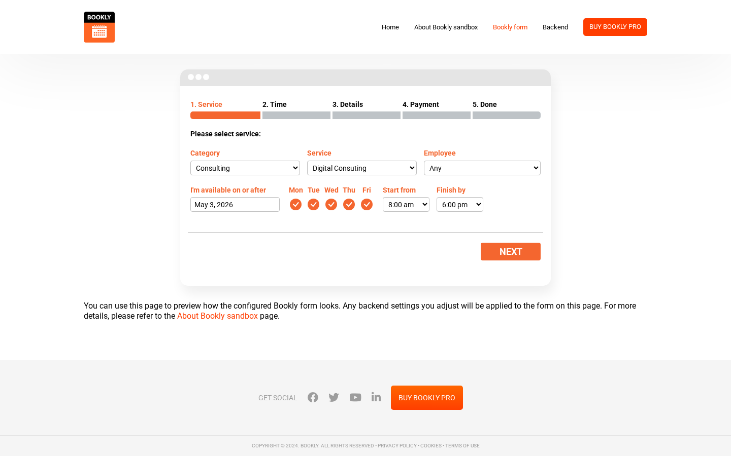 Bookly Pro front-end booking form — Service step