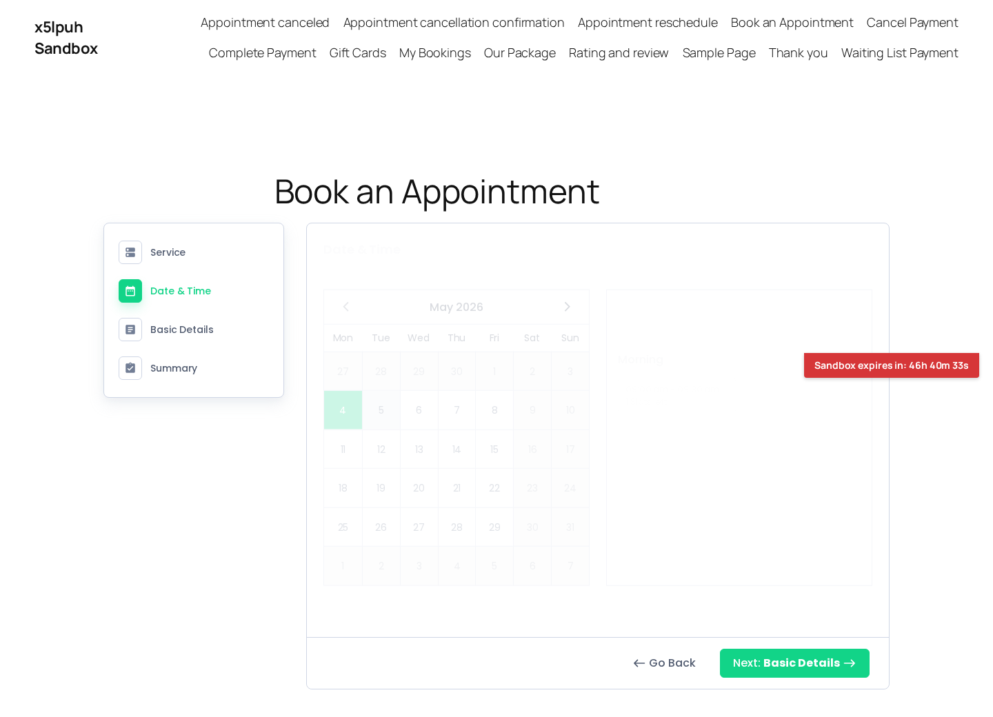 BookingPress front-end Date & Time step — month grid with Morning / Afternoon / Evening time slots