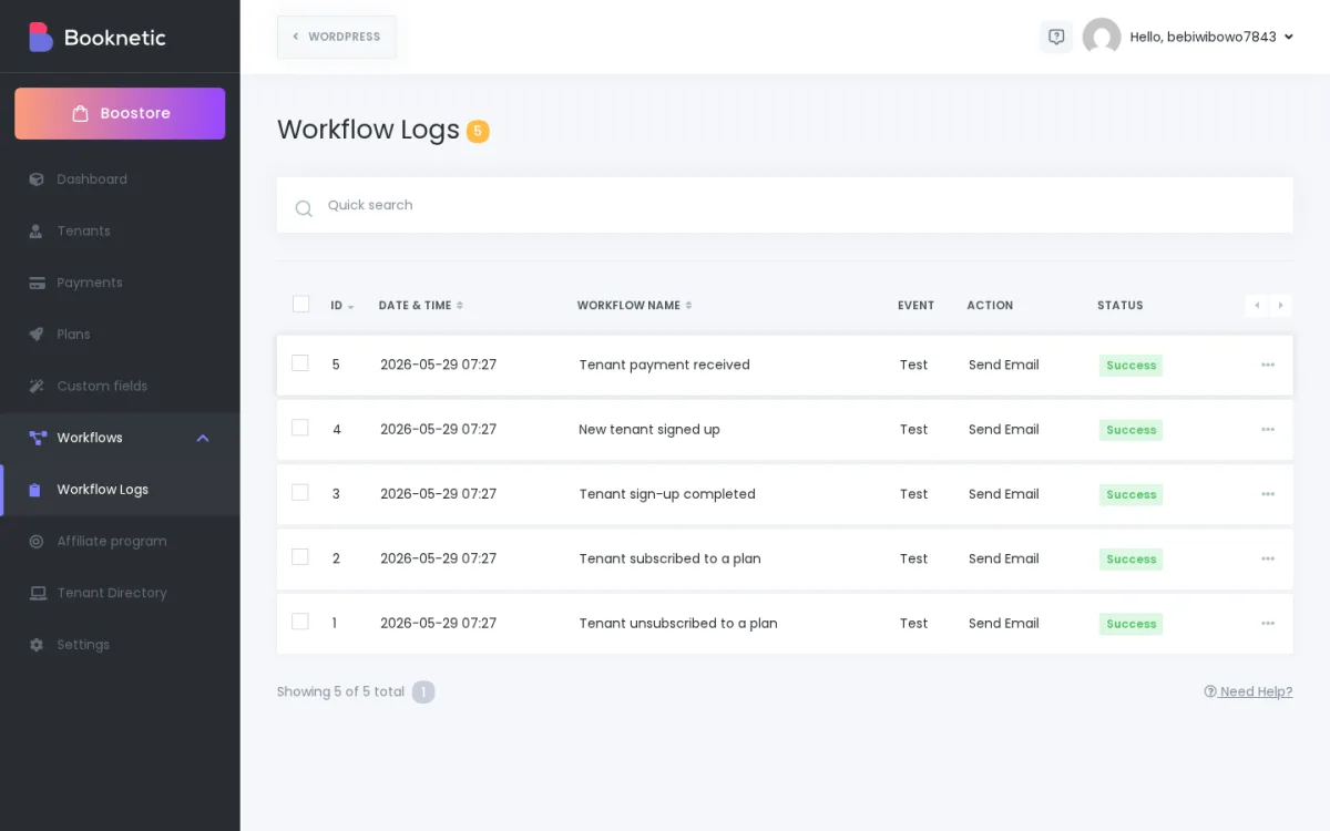 Workflow Logs main table with five rows, columns ID, Date & Time, Workflow name, Event, Action, Status