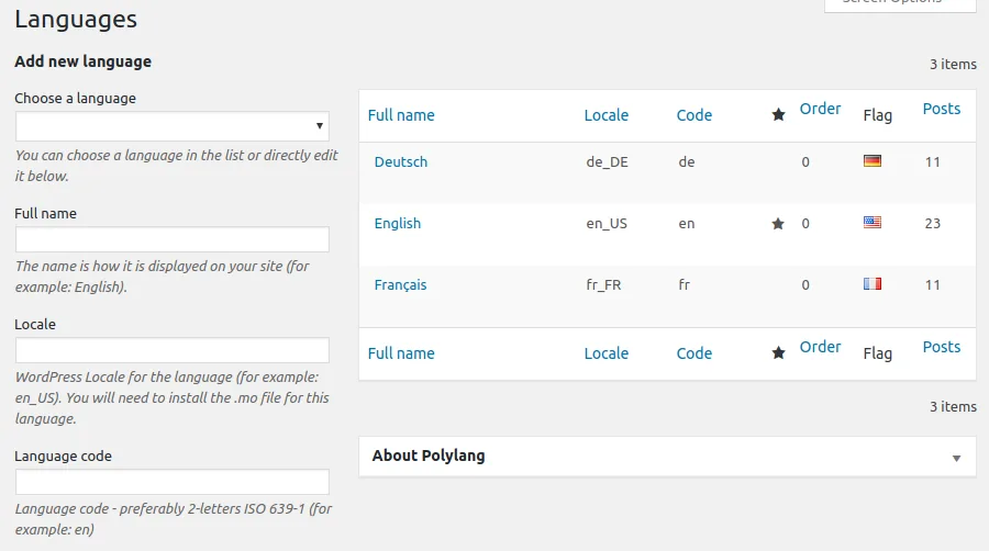 Polylang languages admin panel showing language management interface