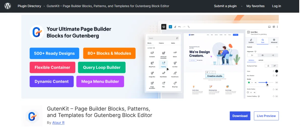 GutenKit WordPress page builder interface and template banner