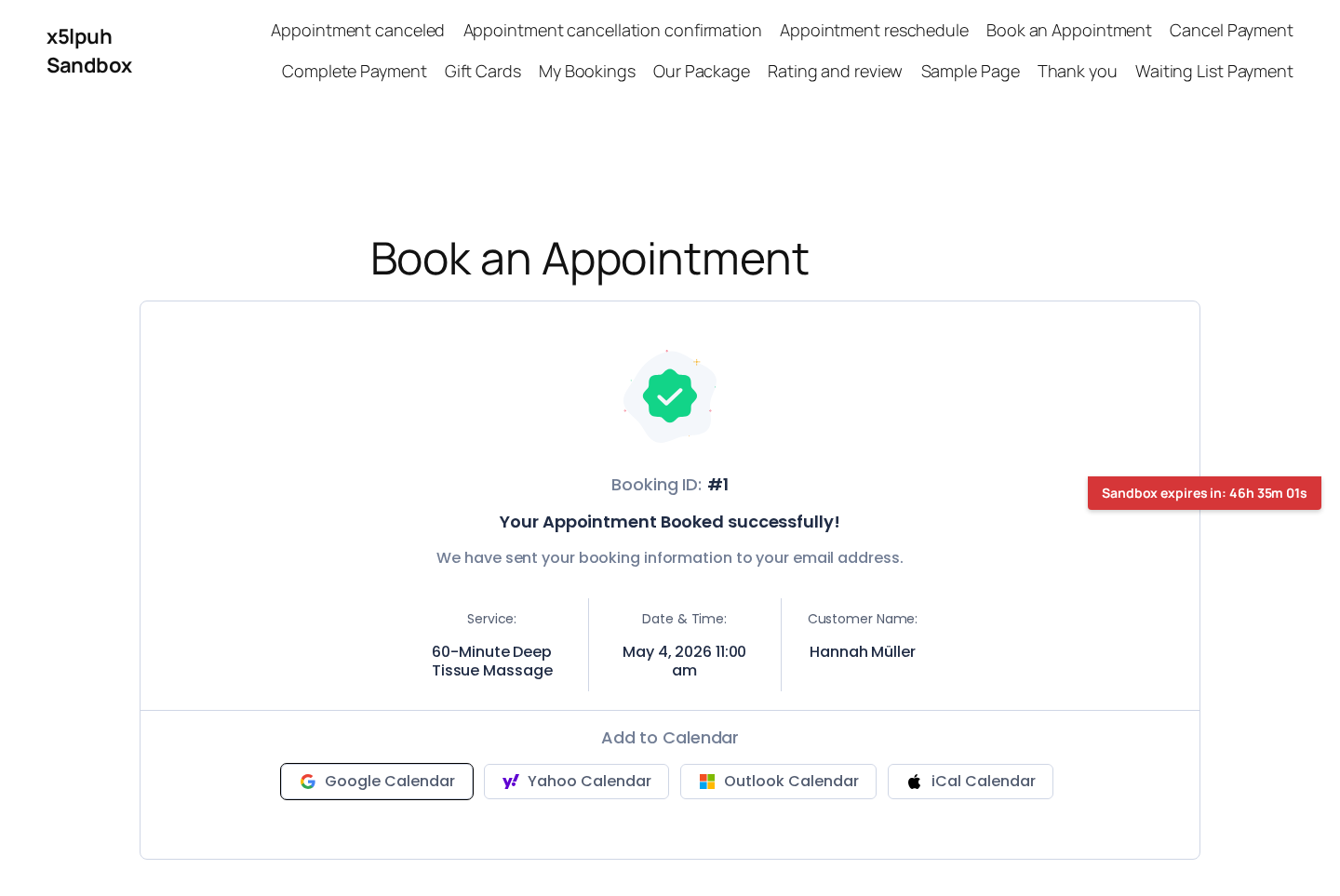 BookingPress front-end confirmation — Booking ID, success message and Add to Calendar shortcuts for Google / Yahoo / Outlook / iCal