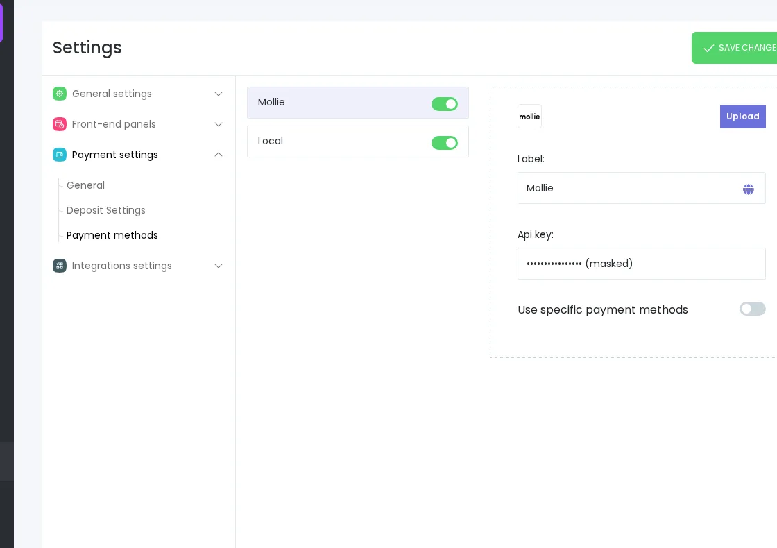 Booknetic admin payment settings showing Mollie and Local payment methods enabled, with the Mollie configuration panel and API key masked.