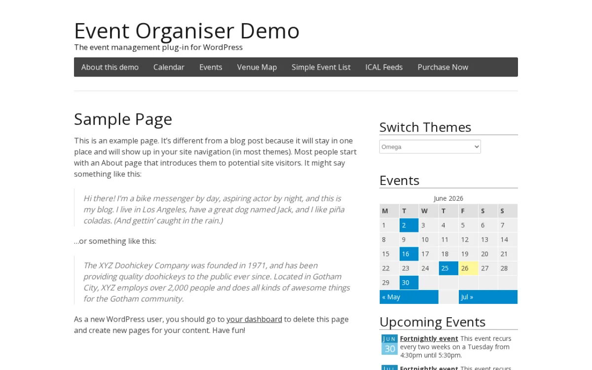 Event Organiser demo site showing the calendar widget and upcoming events sidebar with recurring events listed