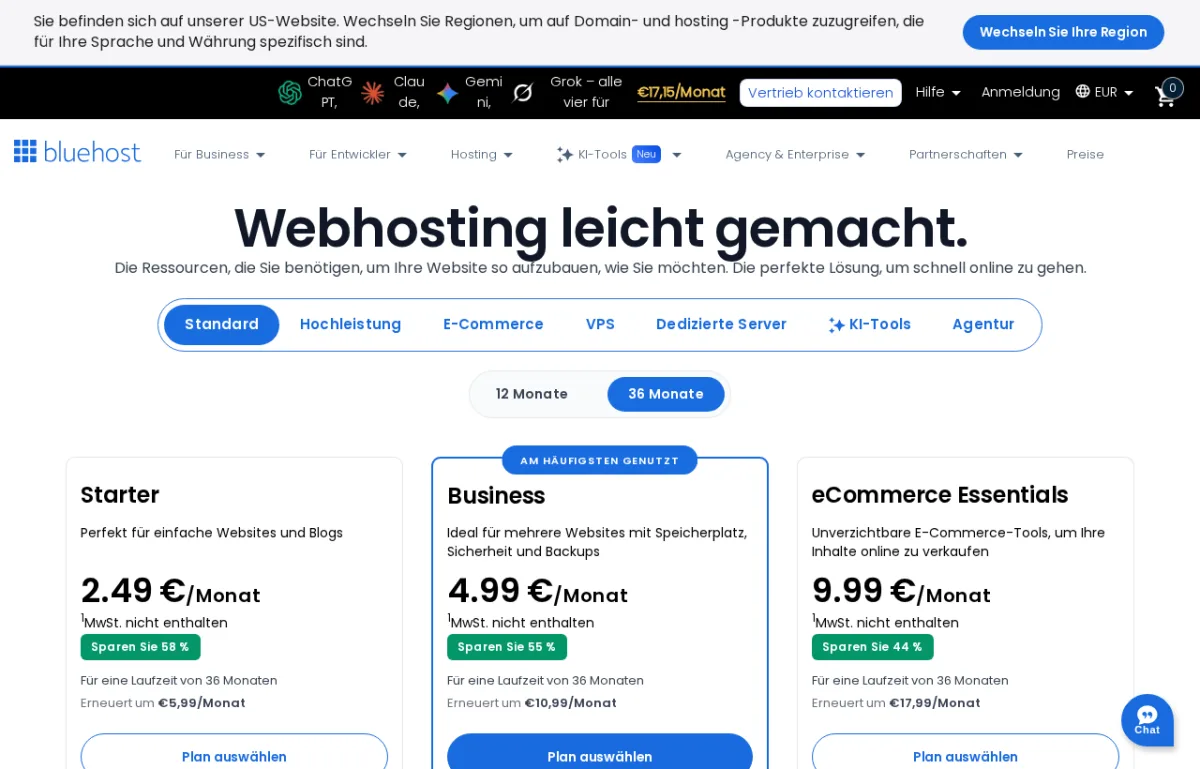 Planes Starter, Business y eCommerce Essentials de Bluehost