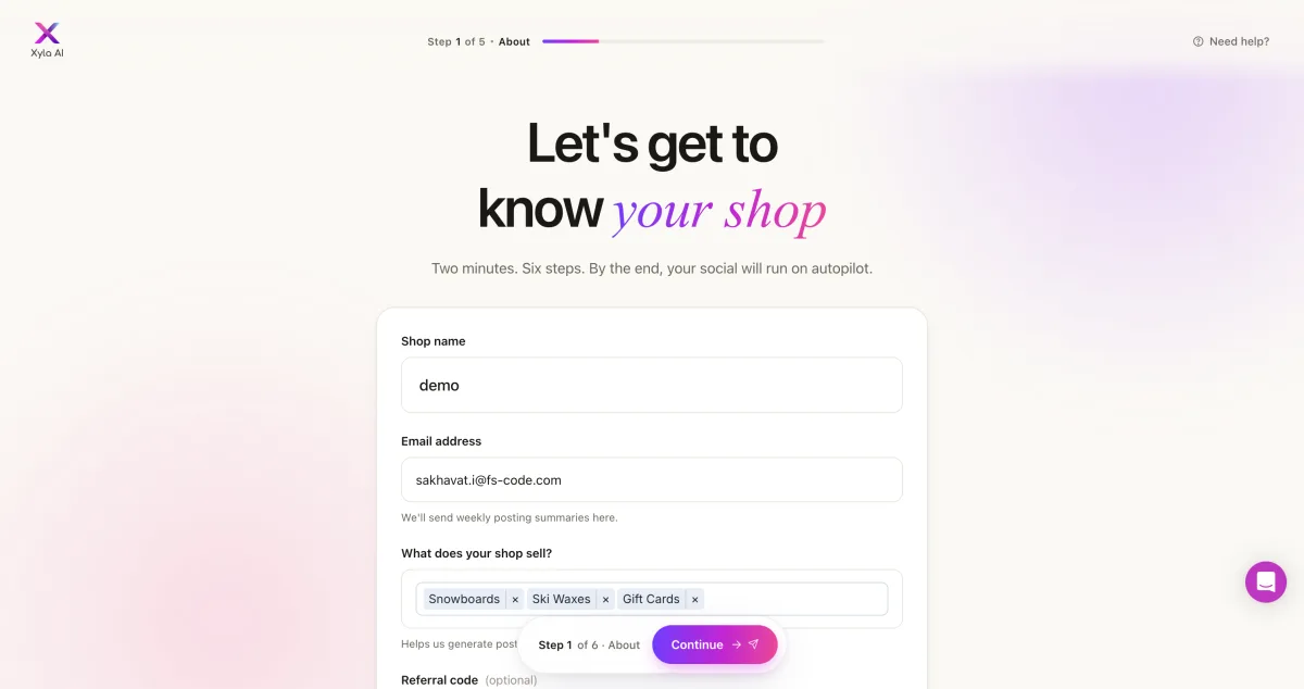 Xyla AI onboarding wizard step 1 showing brand profile setup with store type and audience selection