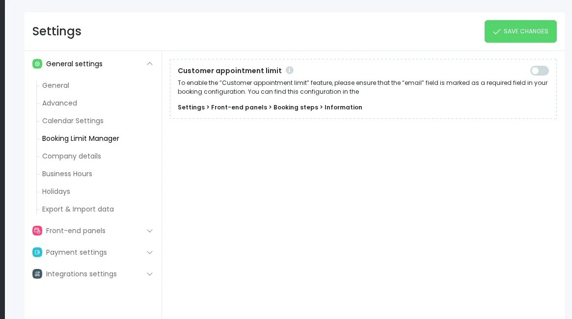 Booknetic regular settings page showing Booking Limit Manager customer appointment limit controls.
