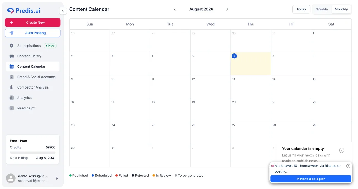 Predis.ai 4-week editorial calendar showing day-by-day content recommendations and publishing schedule
