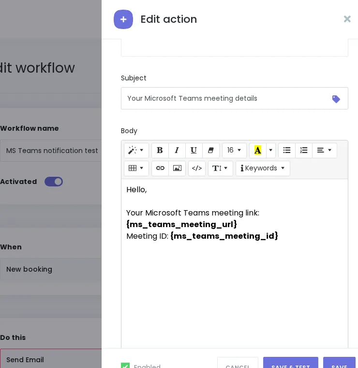 MS Teams shortcodes in the Booknetic Workflow editor — {ms_teams_meeting_url} and {ms_teams_meeting_id}