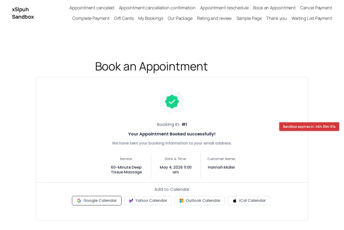Confirmación de reserva de BookingPress con opciones Añadir al calendario para una cita de reparación