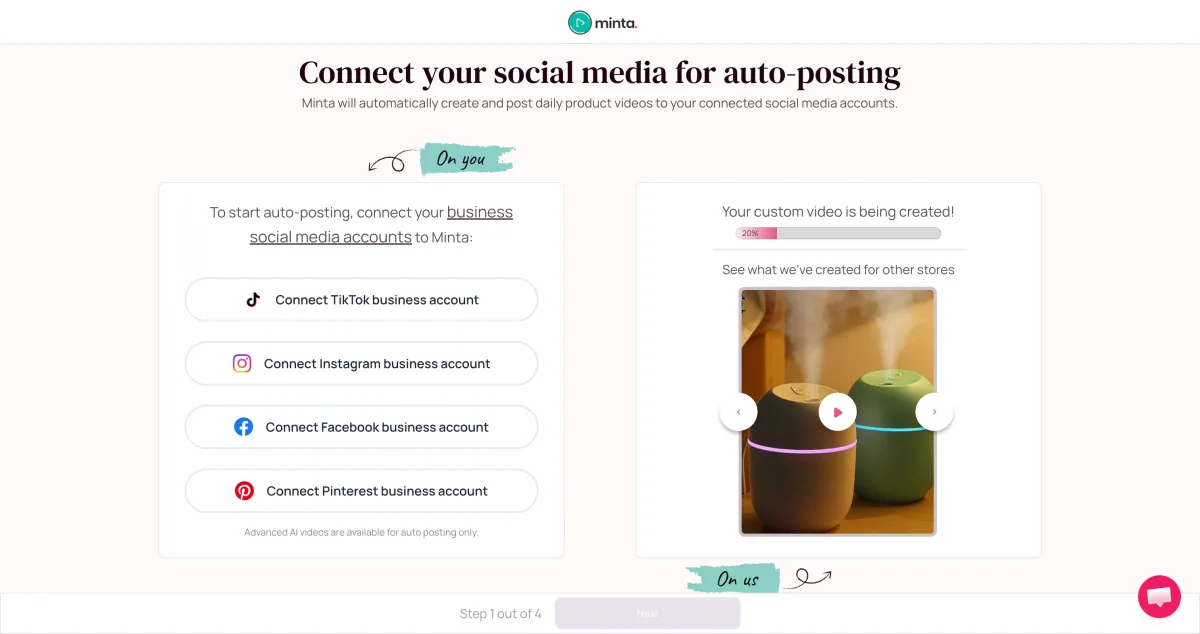 Minta's 4-step onboarding showing brand setup, network connection, and video template library