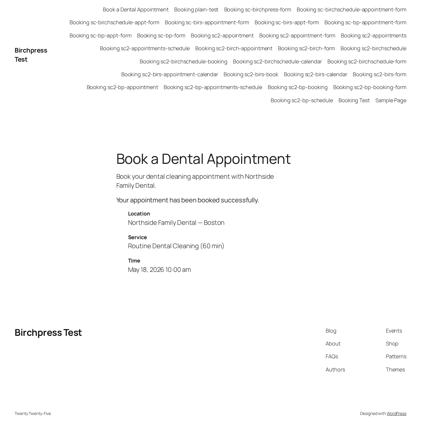 BirchPress front-end booking confirmation page showing Location, Service and Time summary