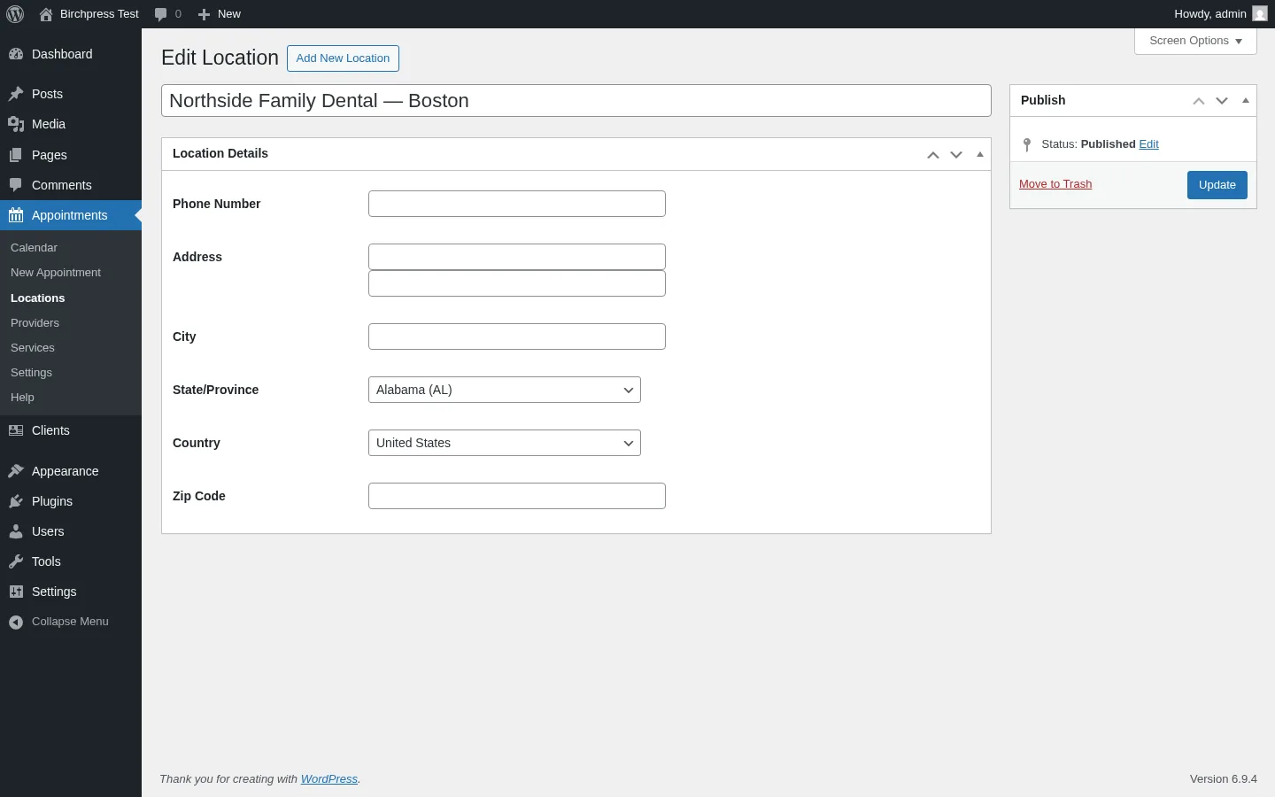 BirchPress admin Location form with Phone, Address 1, Address 2, City, State, Country, Zip fields