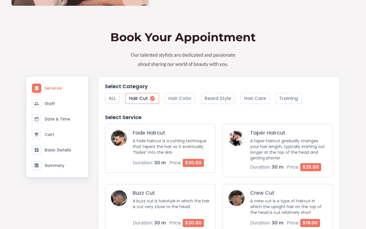 BookingPress appointment booking wizard showing service category selection and hair cut services with pricing