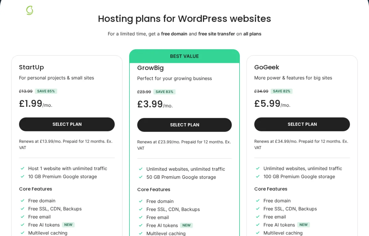 Planes StartUp, GrowBig y GoGeek de SiteGround