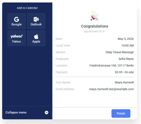 Amelia confirmation page with Appointment ID, service details, payment line, and Add to Calendar shortcuts
