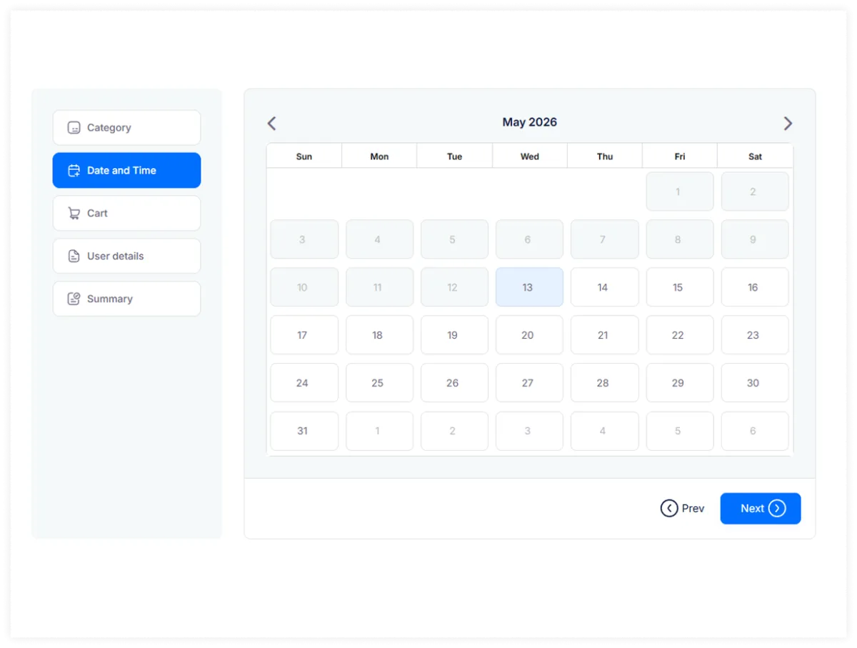 TrueBooker booking form date picker showing a monthly calendar for May 2026 with available and unavailable dates