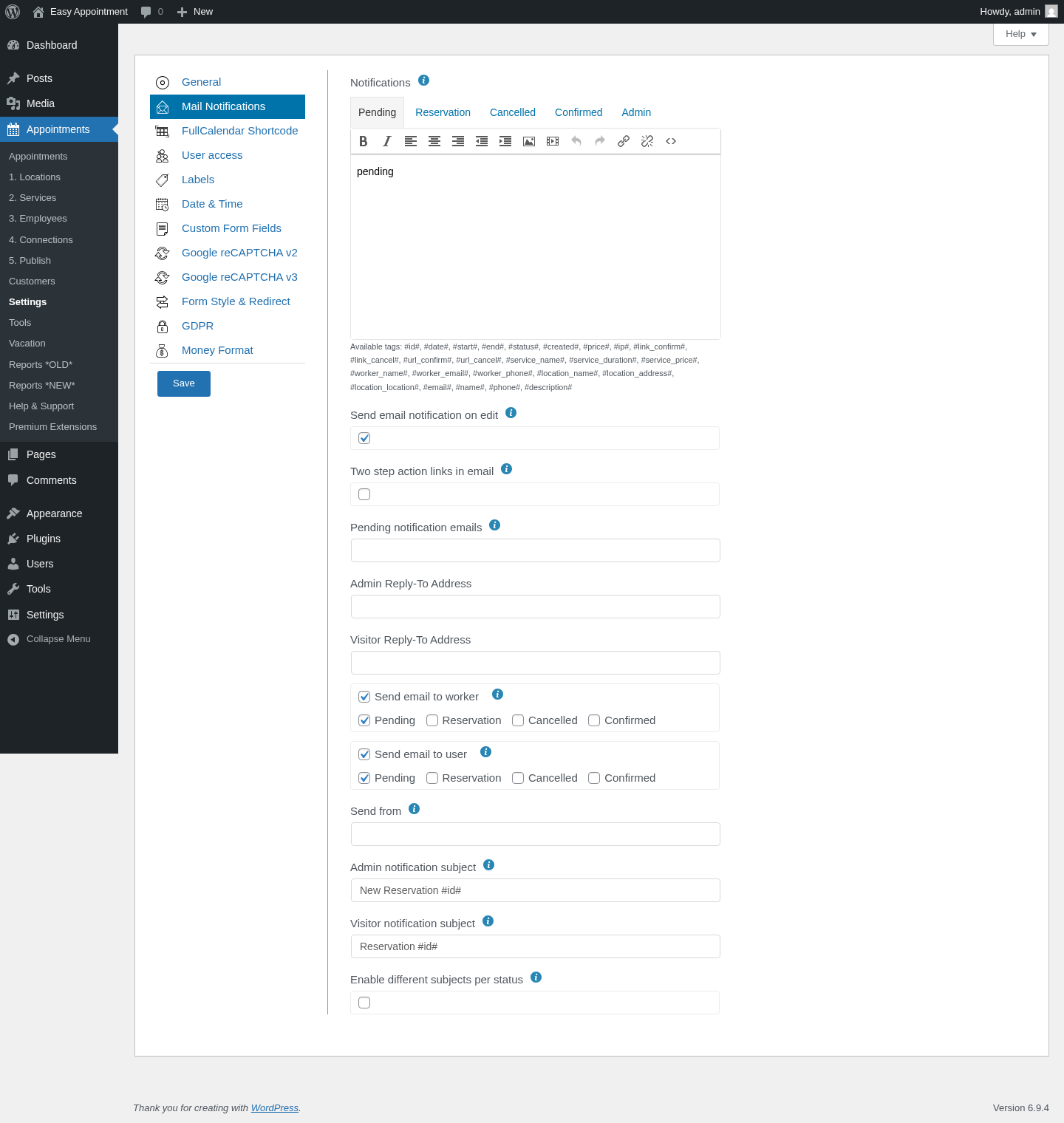 Easy Appointments admin Settings → Mail Notifications with separate Admin Subjects / Visitor Subjects template editors per status