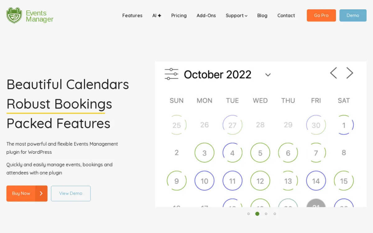Events Manager plugin homepage showing the calendar interface and key features