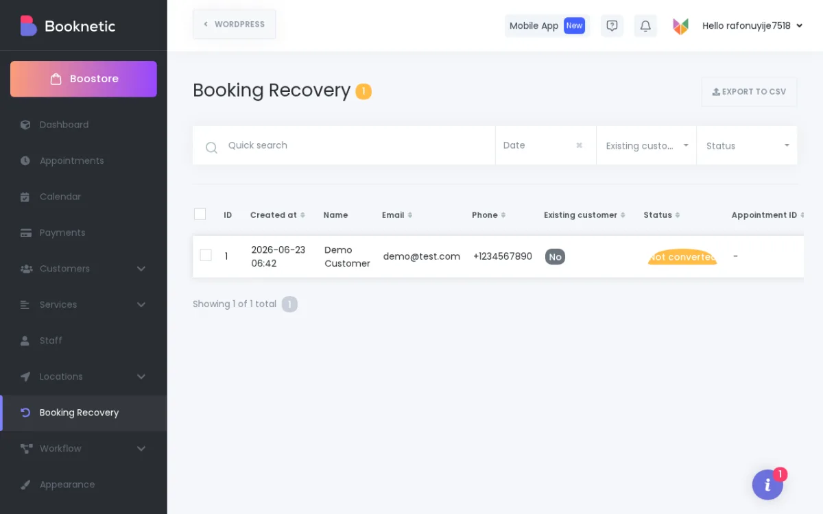 Booking Recovery admin demo data in Booknetic