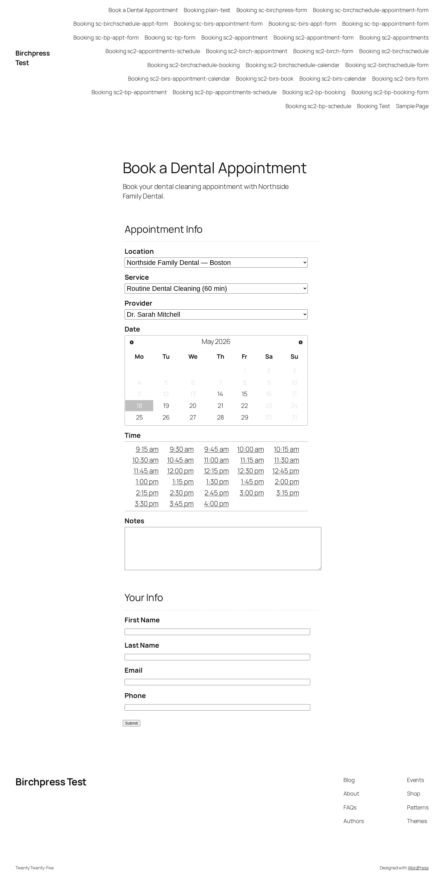 BirchPress front-end with May 18 selected and time slots from 9:15 am to 4:00 pm rendered