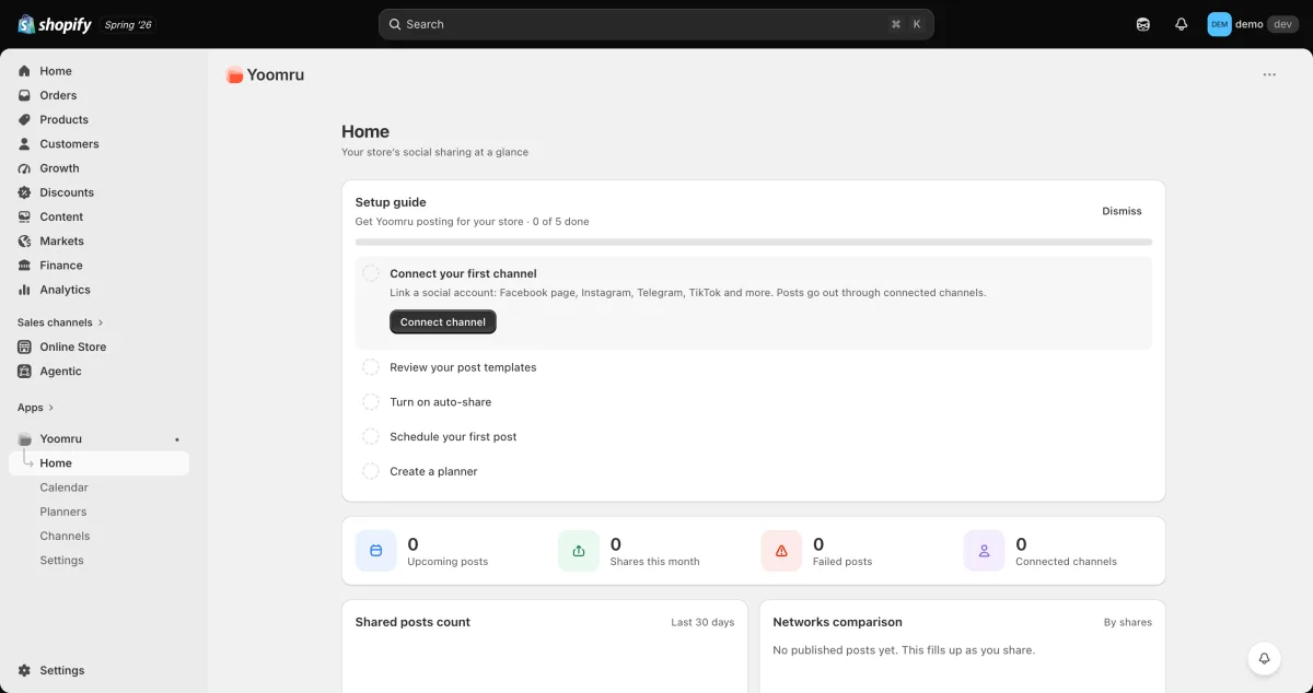 Yoomru post composer inside Shopify admin showing channel selector and product media library