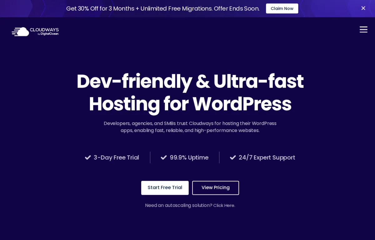 Página de hosting WordPress de Cloudways
