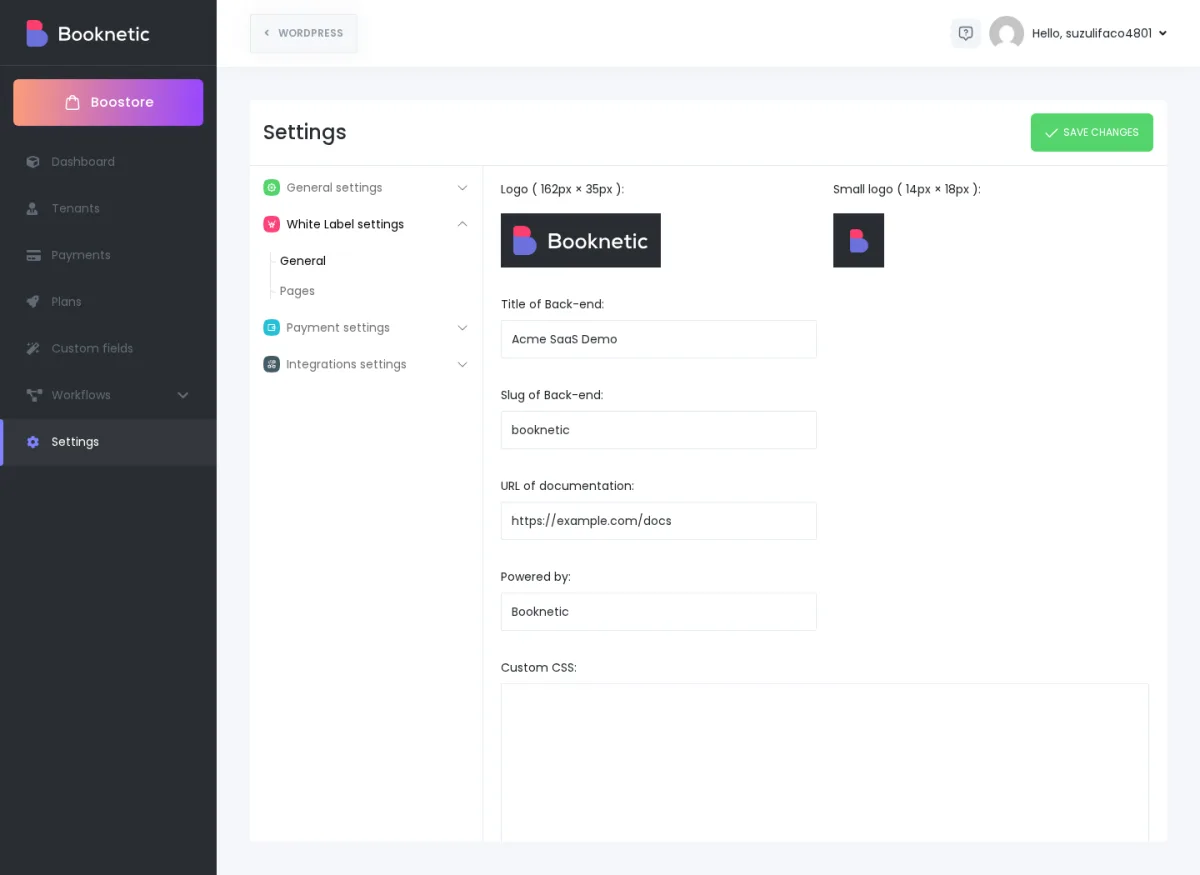 White Label settings showing logo, small logo, backend title, slug, documentation URL, powered-by text, and custom CSS