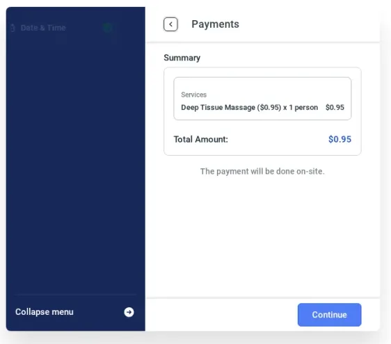Amelia Payments step showing service summary and payment options on one screen before the customer confirms