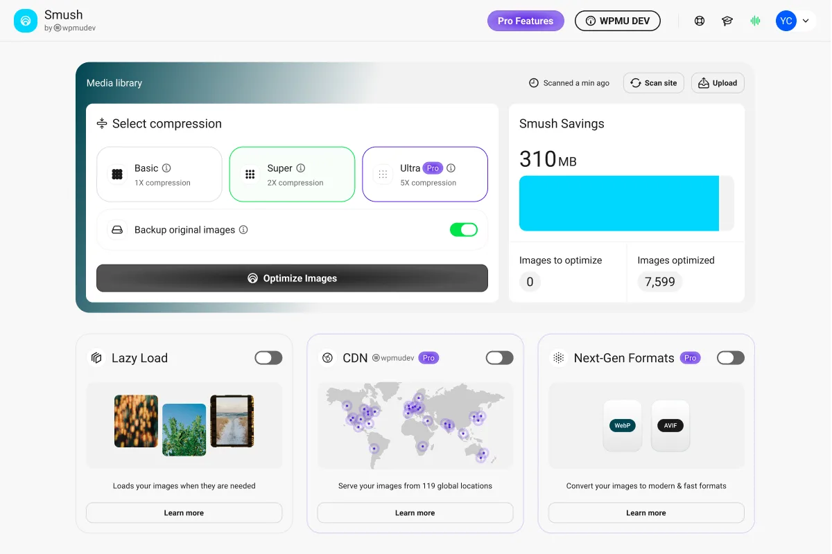 Smush bulk optimization dashboard showing media library smushing progress and savings summary