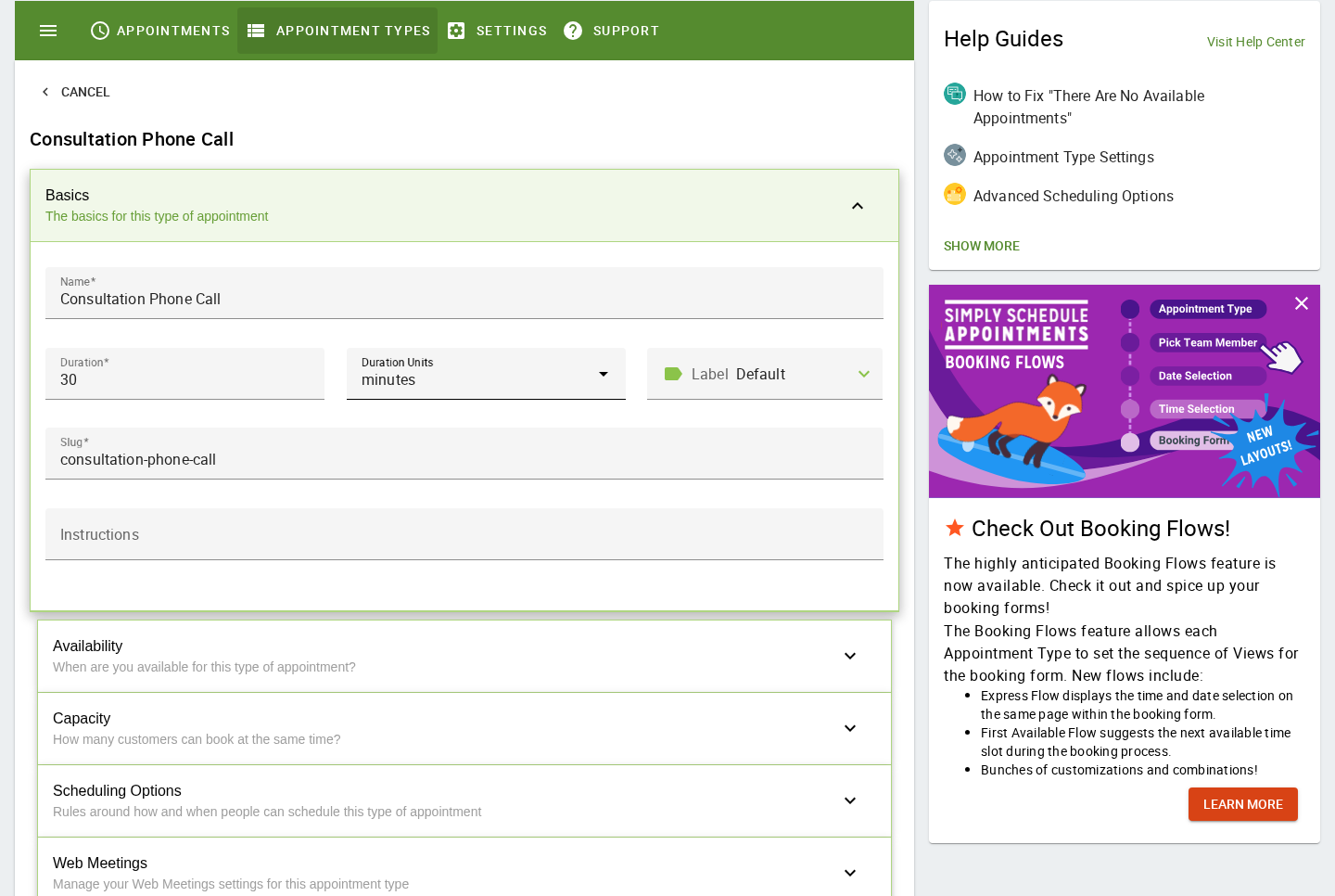 Simply Schedule Appointments — Appointment Type editor with Basics expanded and the other accordions ready to expand