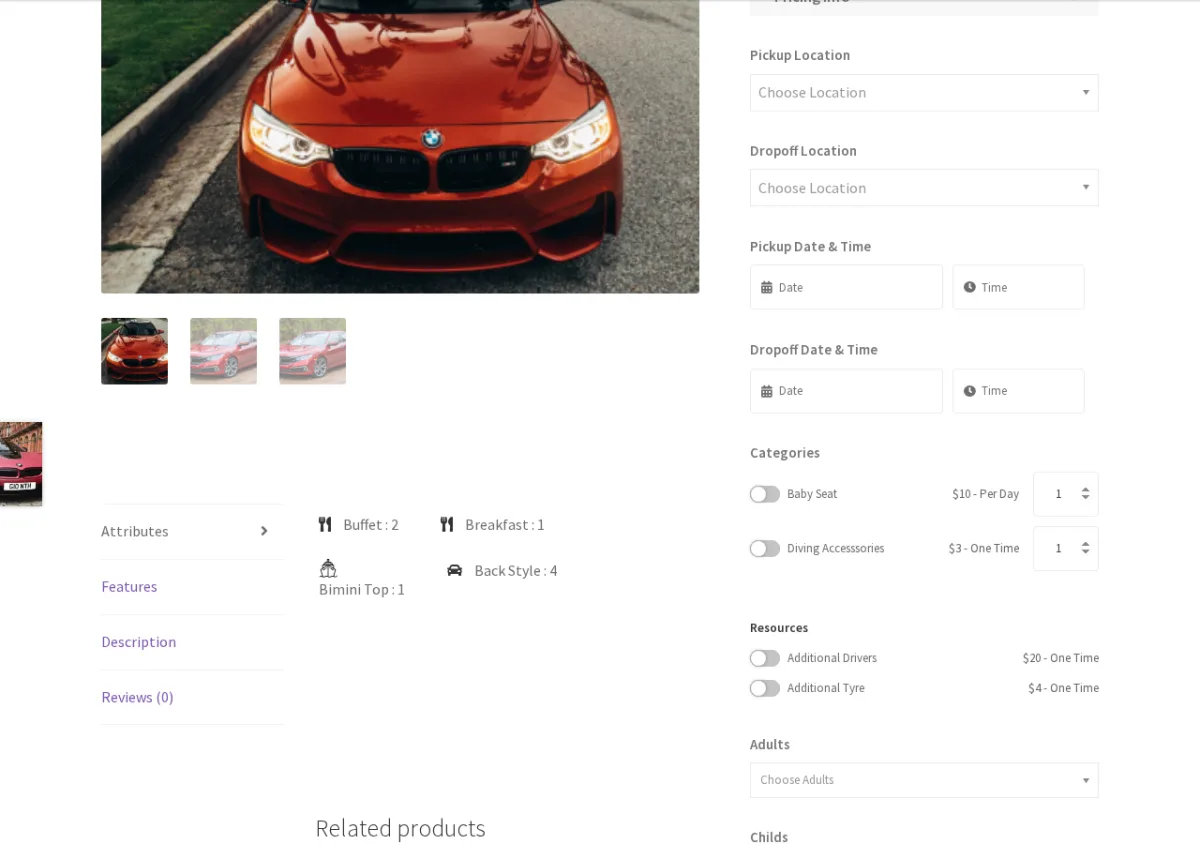 Rental-Produktseite im RnB WooCommerce Rental-Plugin mit Buchungsformular für Abhol- und Rückgabedatum
